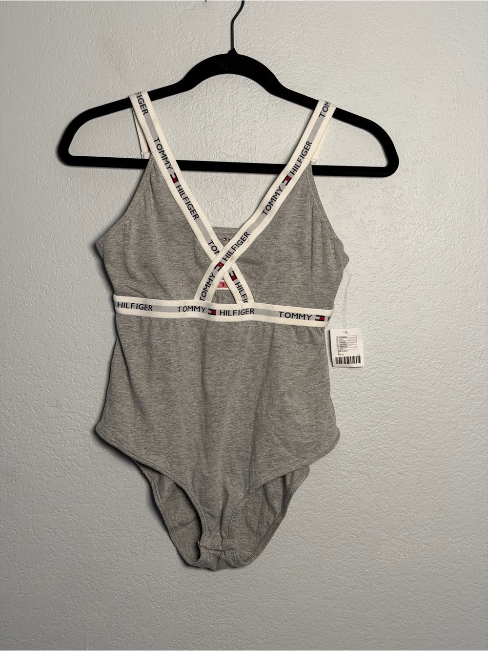 Tommy Hilfiger Urban Outfitters Gray Logo-Trim Bodysuit Snap Closure Adjustable